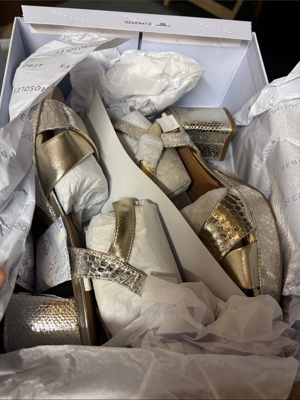 AEROSOLES Metallic Gold Textured Block Heel Sandals